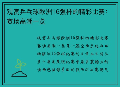 观赏乒乓球欧洲16强杯的精彩比赛：赛场高潮一览